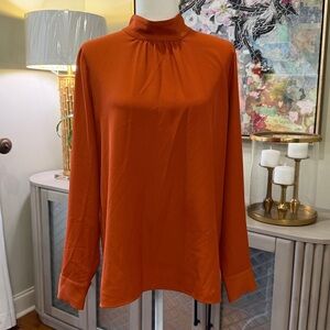 Calvin Klein Womens Mock Neck Blouse Orange Long Sleeve Button Cuff Stretch L